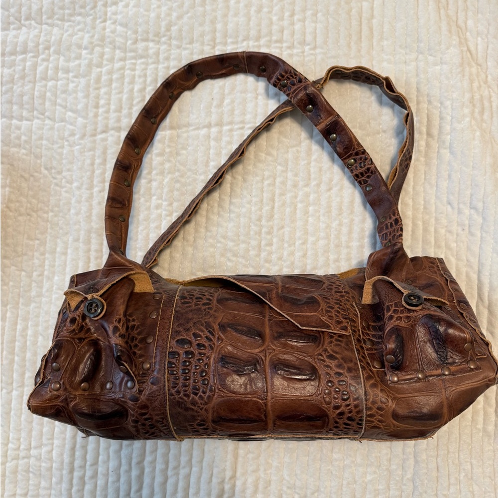 Brown Croc-Embossed Leather Wristlet Clutch